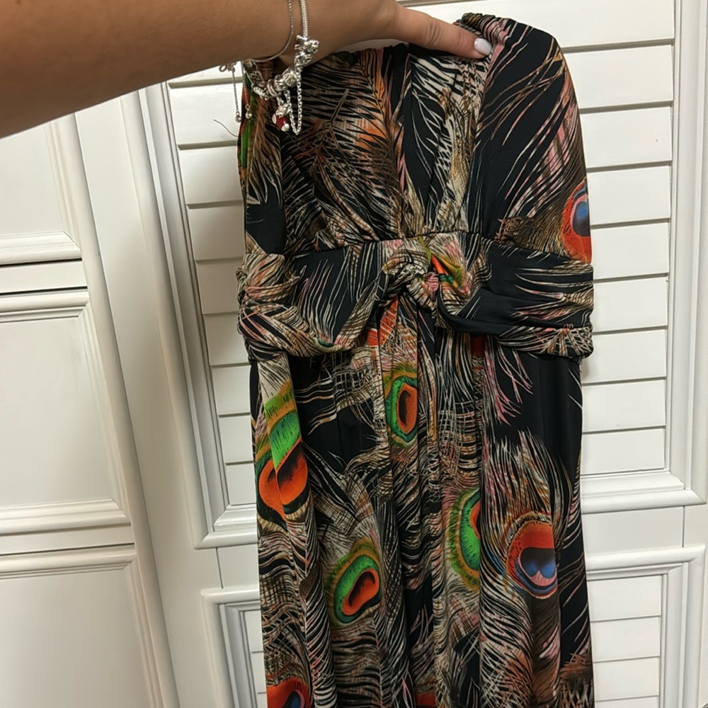 Peacock colors strapless maxi dress